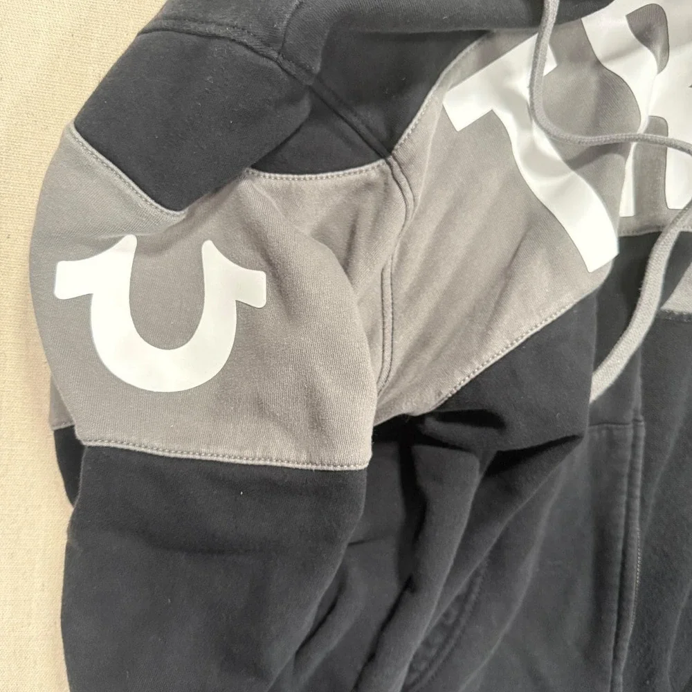 True Religion Zip Up Hoodie Graphic‎ Logo Black Grey Men's L Tagged Women's 2XL